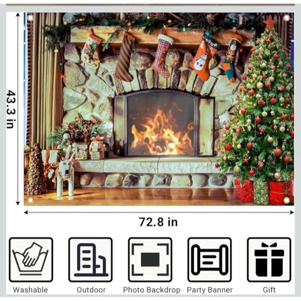 6x3.5 ft Christmas Fireplace Backdrop Fabric Interior Vintage Xmas Tree Stocking